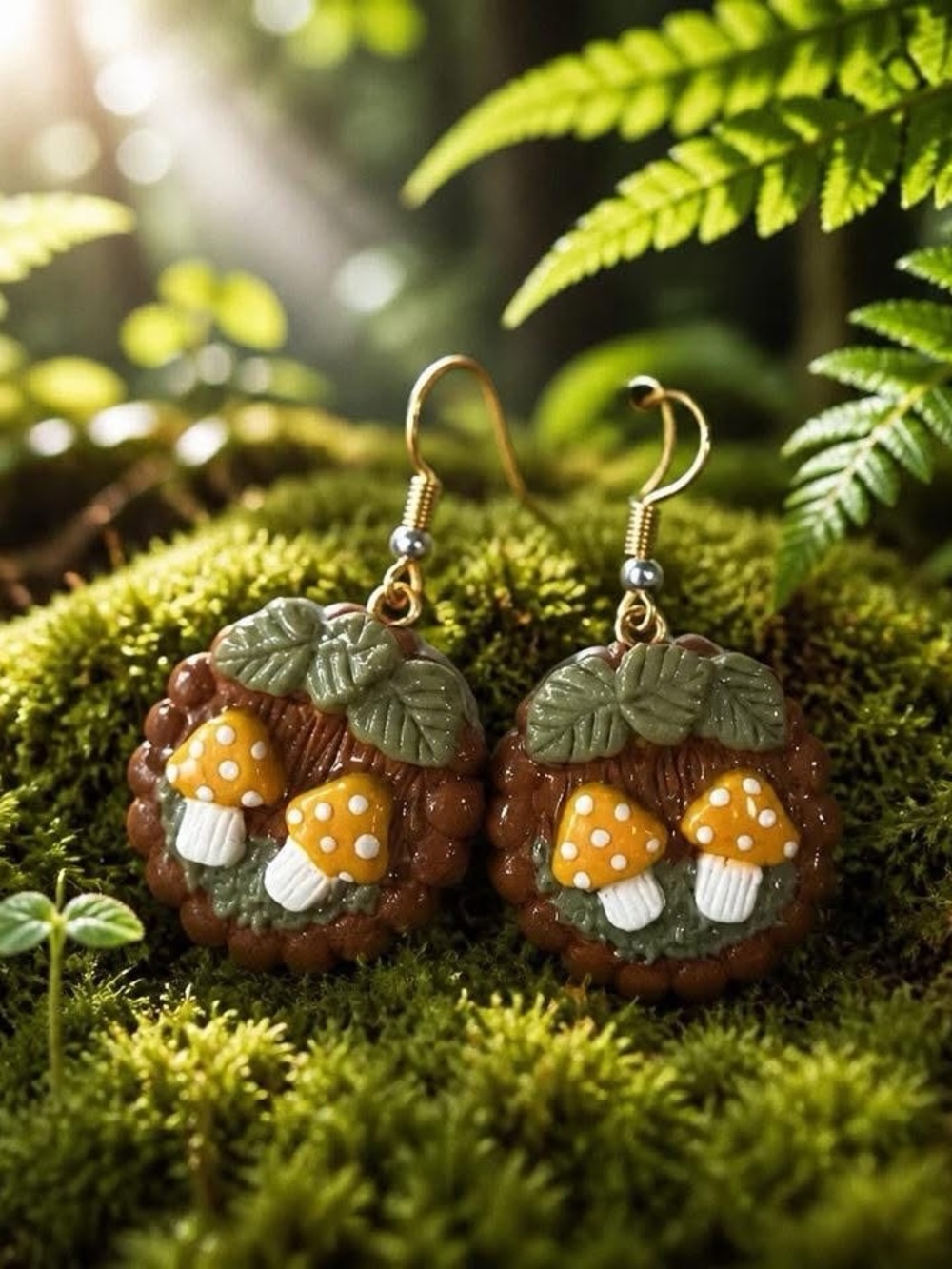 Polymer Clay Whimsical Yellow Mushroom Drop Earrings with Leaf Detail